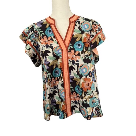 entro Tops - Entro Anthropologie Tropical Floral Ruffle Top Size Large Spring Summer